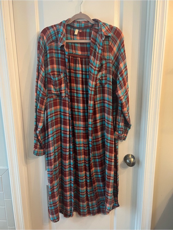 Pilcro Tops - Pilcro Plaid Longline Shirt Jacket in Teal and Burgundy